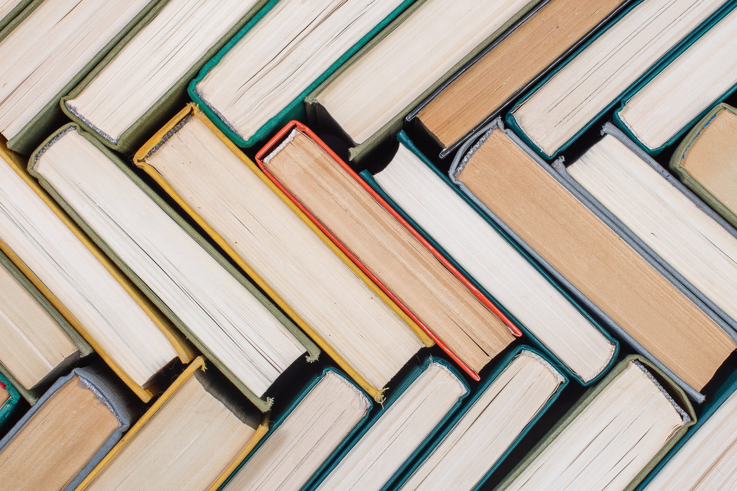Books arranged in diagonal geometric pattern