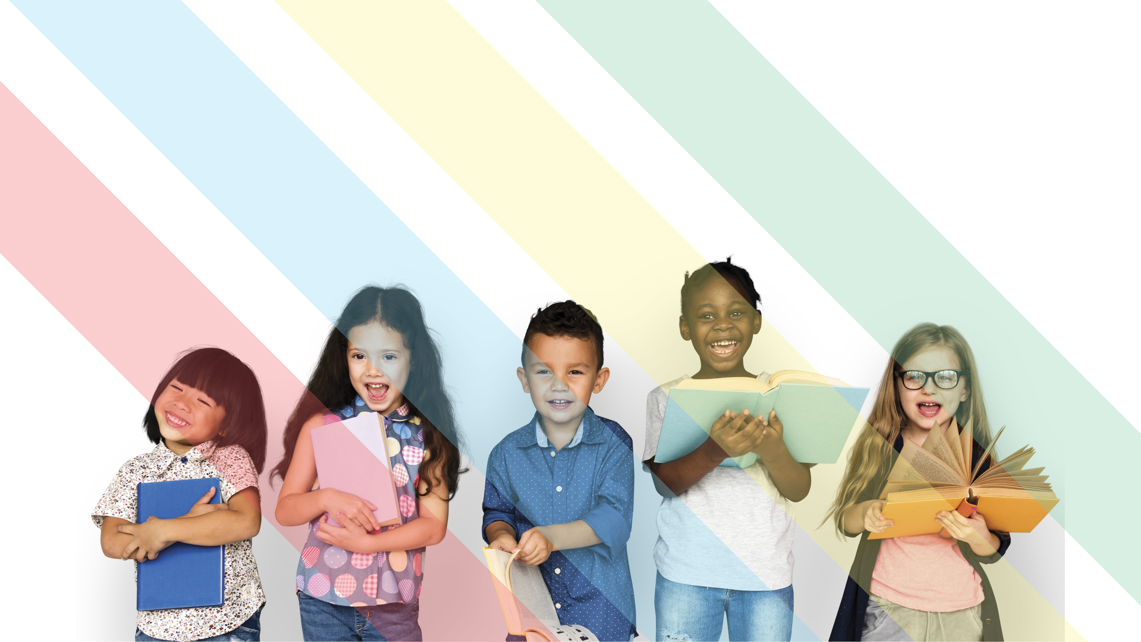 a diverse group of five children standing in a row and smiling, each holding a book