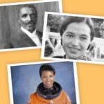 Iconic African American figures George Washington Carver, Rosa Parks, and Mae Jemison