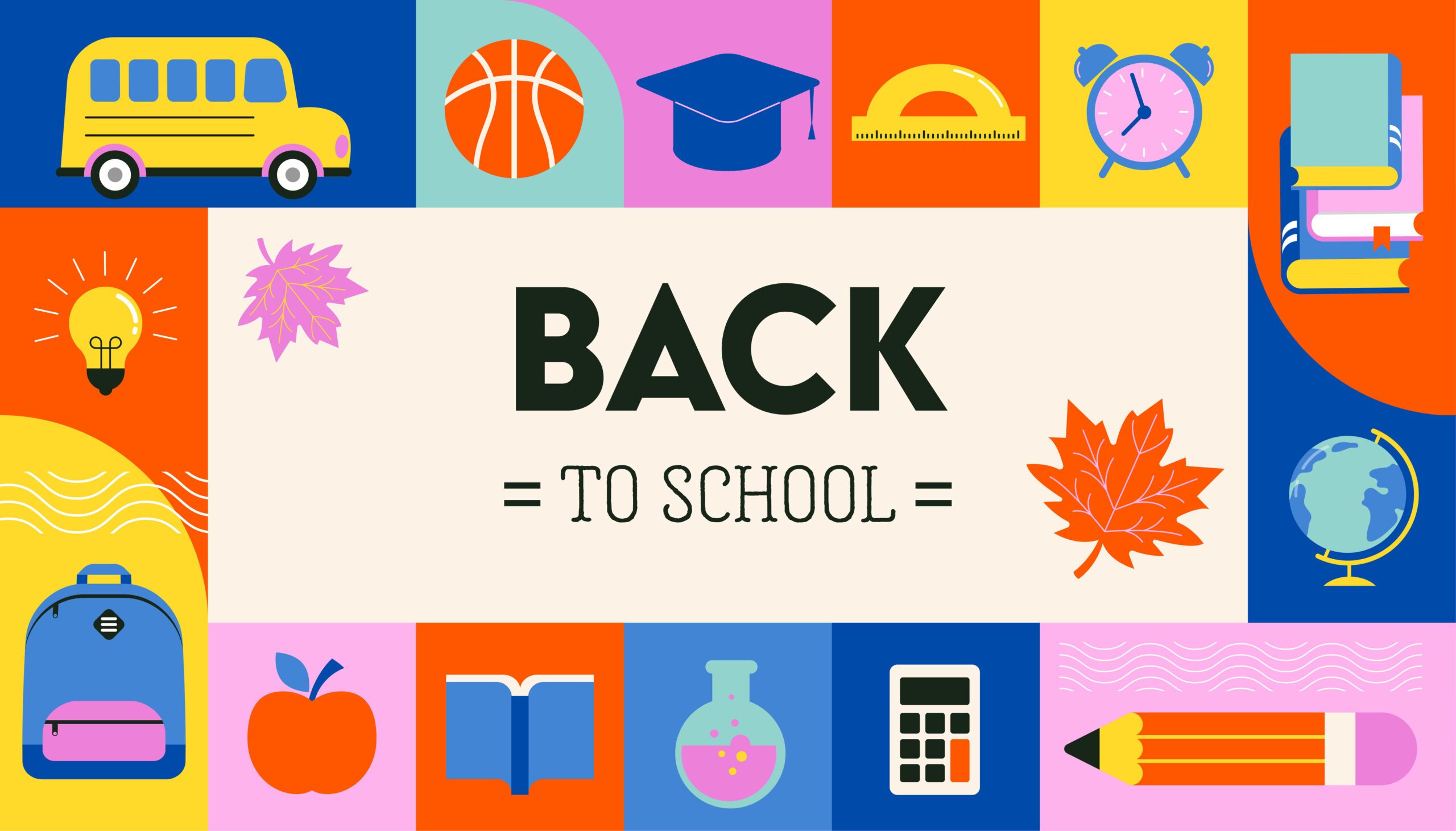Colorful Back to School banner with icons relating to school.