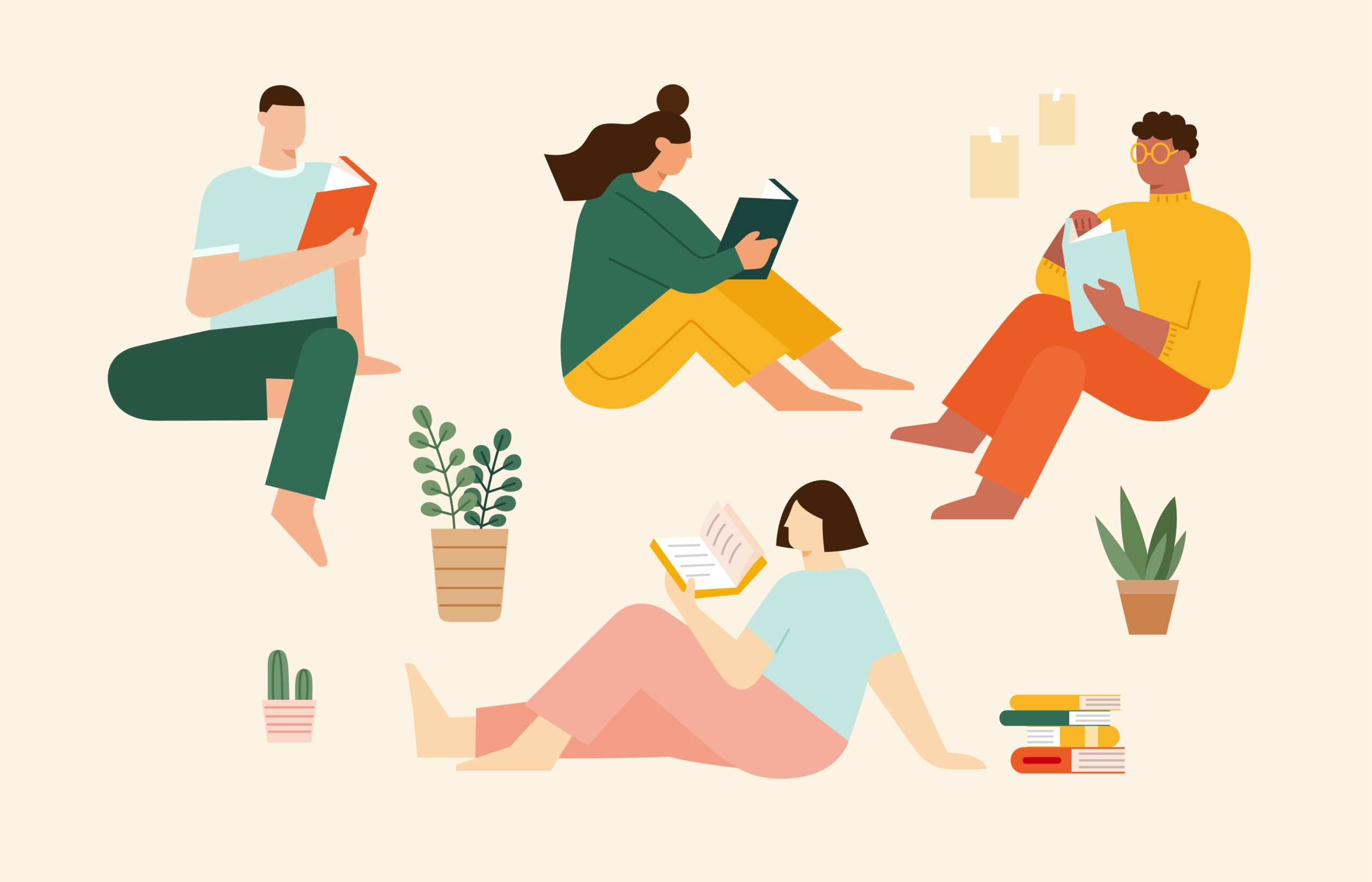 illustration: four people reading books with a few potted plants nearby