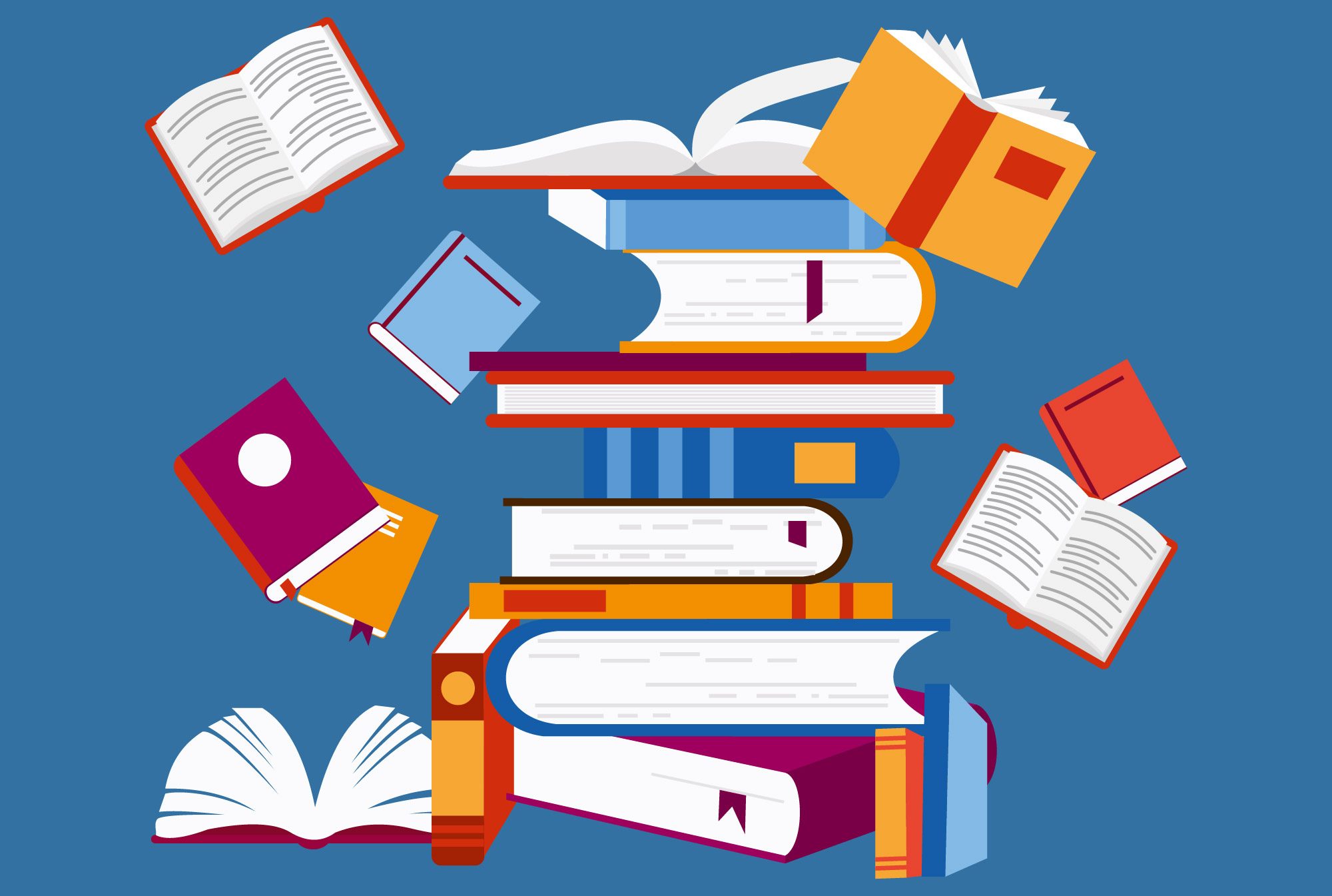 Books flying around and in a stack