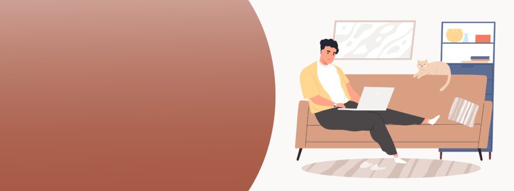 illustration of person sitting on couch with laptop and cat