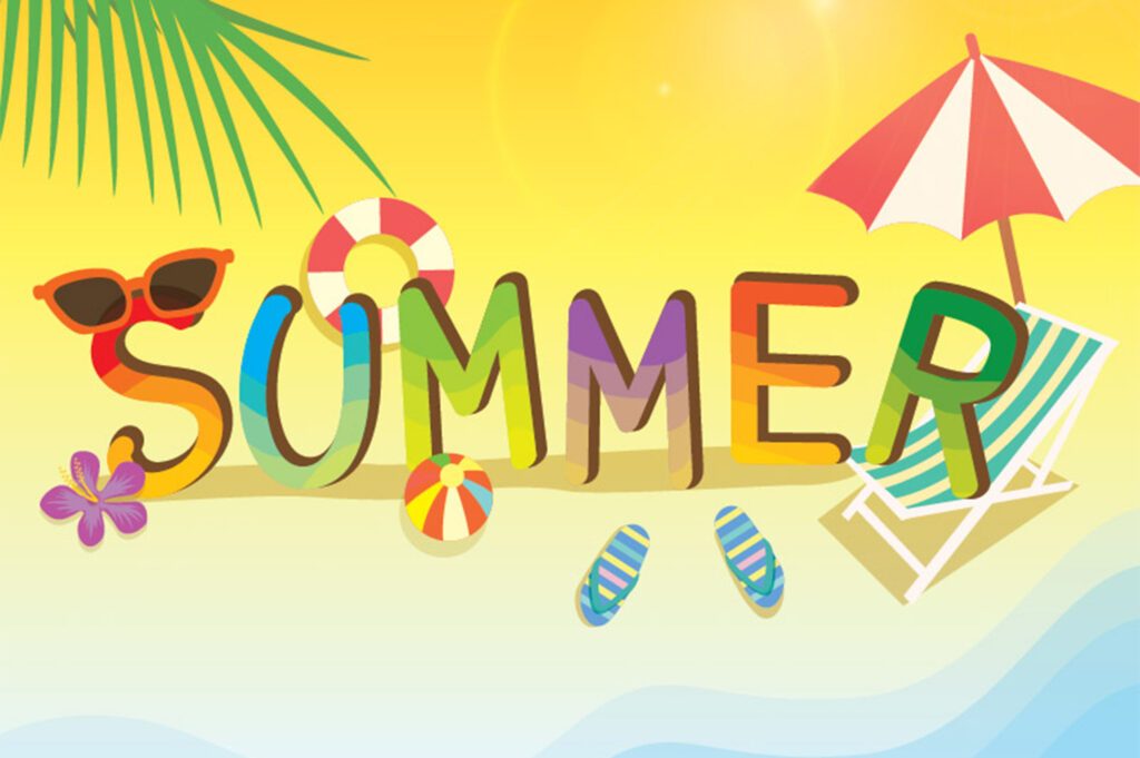 The word summer with colorful letters and summer beach items surrounding it.