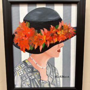 Painting of lady wearing a hat with red flowers around it.