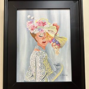 painting of a lady with a hat draped in flowers