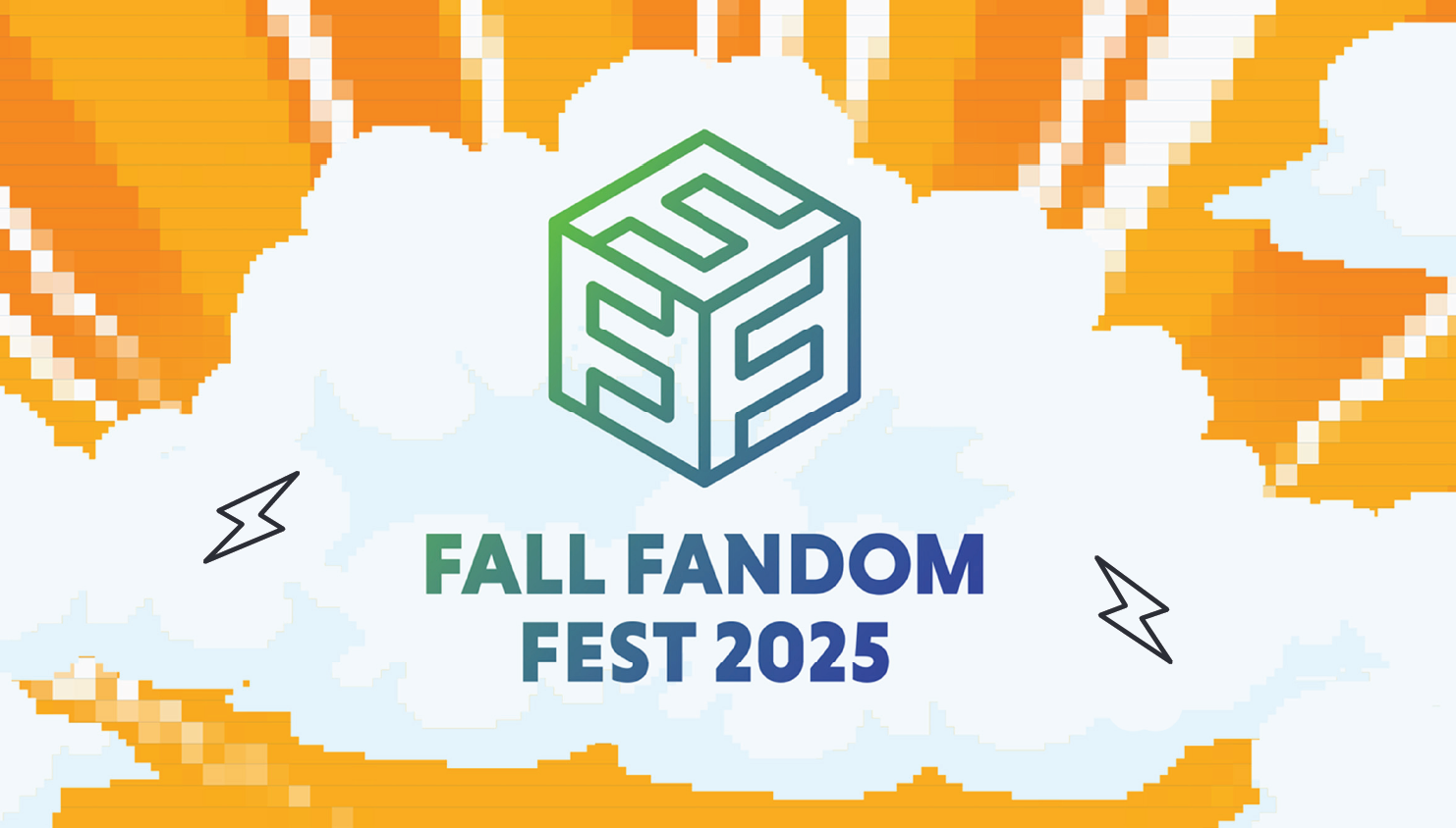 Fall Fandom Fest 2025 logo with pixel clouds in background