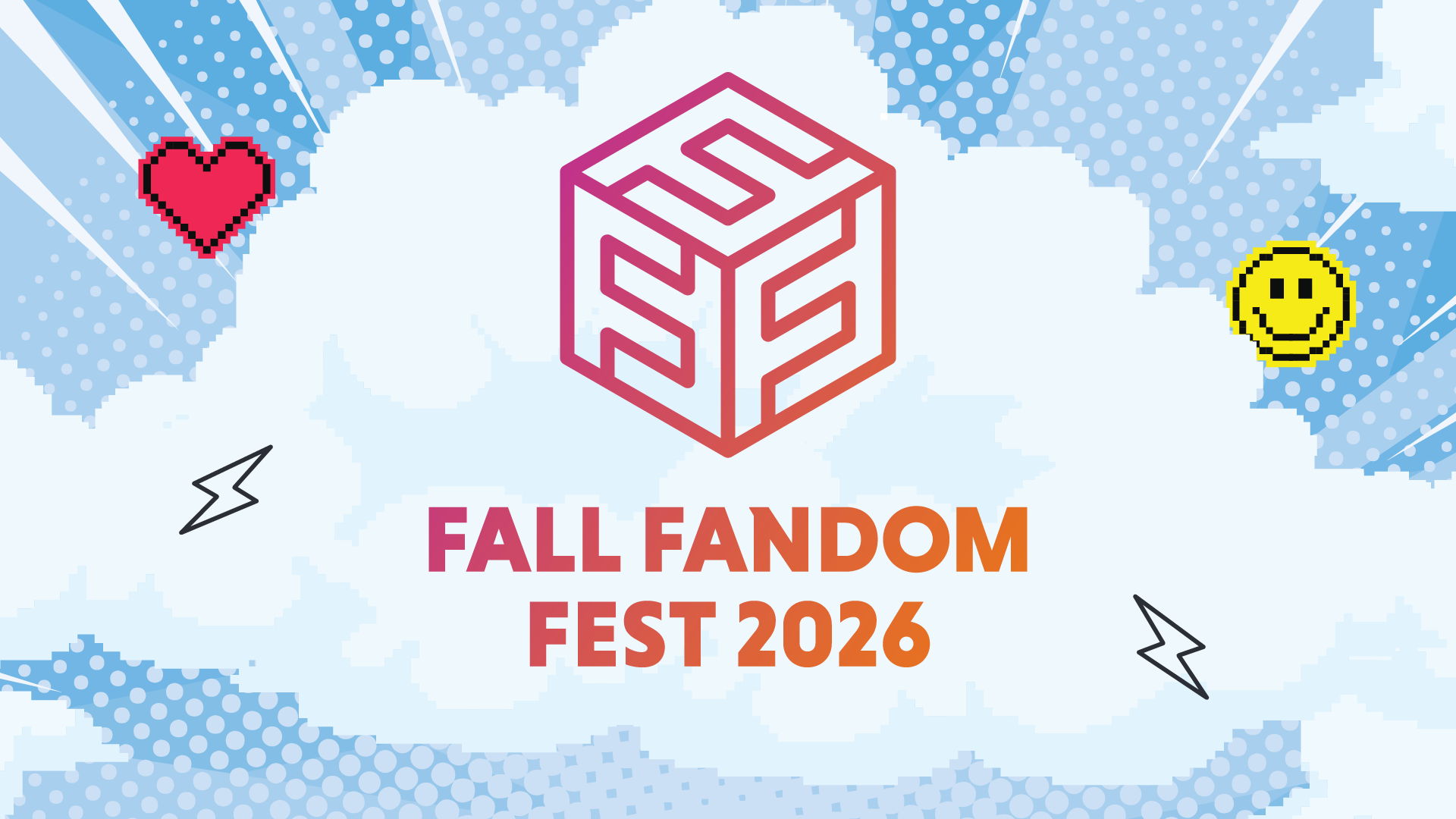 Fall Fandom Fest 2026 logo with pixel clouds in background