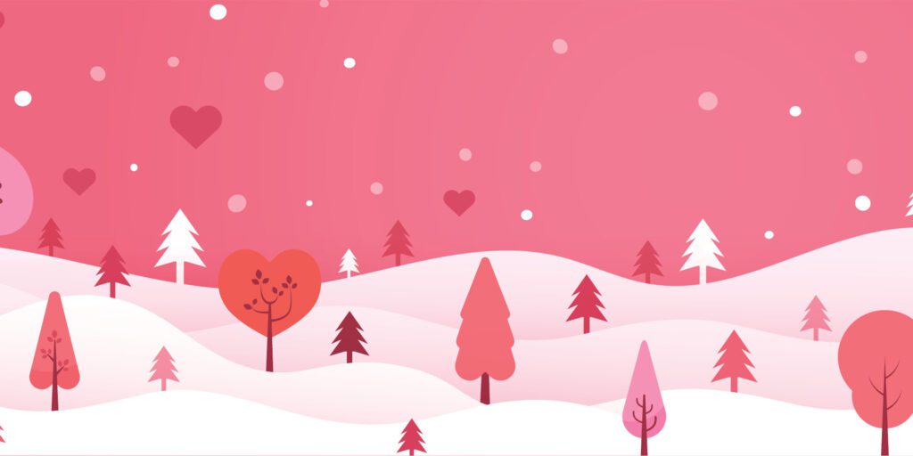 snowy forest full of pinks and hearts to celebrate Library Lovers Month
