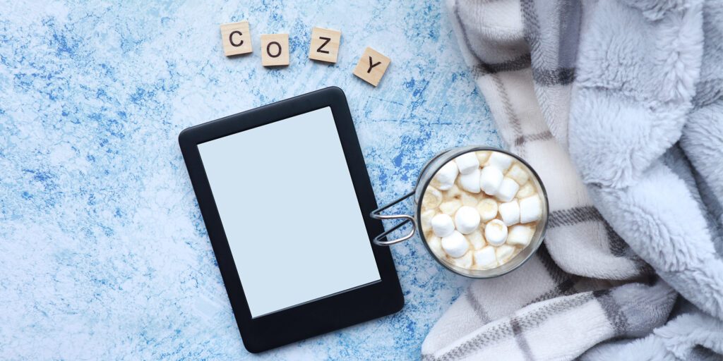 Cozy blanket, hot chocolate and eBook reader
