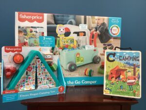 Prize bundle with 3-in-1 On the Go Camper, S’more Shapes Camping Tent, and C is for Camping book