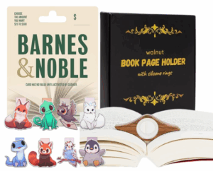 Collage of photos of items in the I Love Books bundle: a thumb page holder, book light, magnetic bookmarks, and a Barnes & Noble gift card