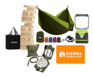 Collage of photos of items in the I Love the Outdoors bundle: a portable LED light, giant Jenga game, compass, hammock, and a Sierra gift card