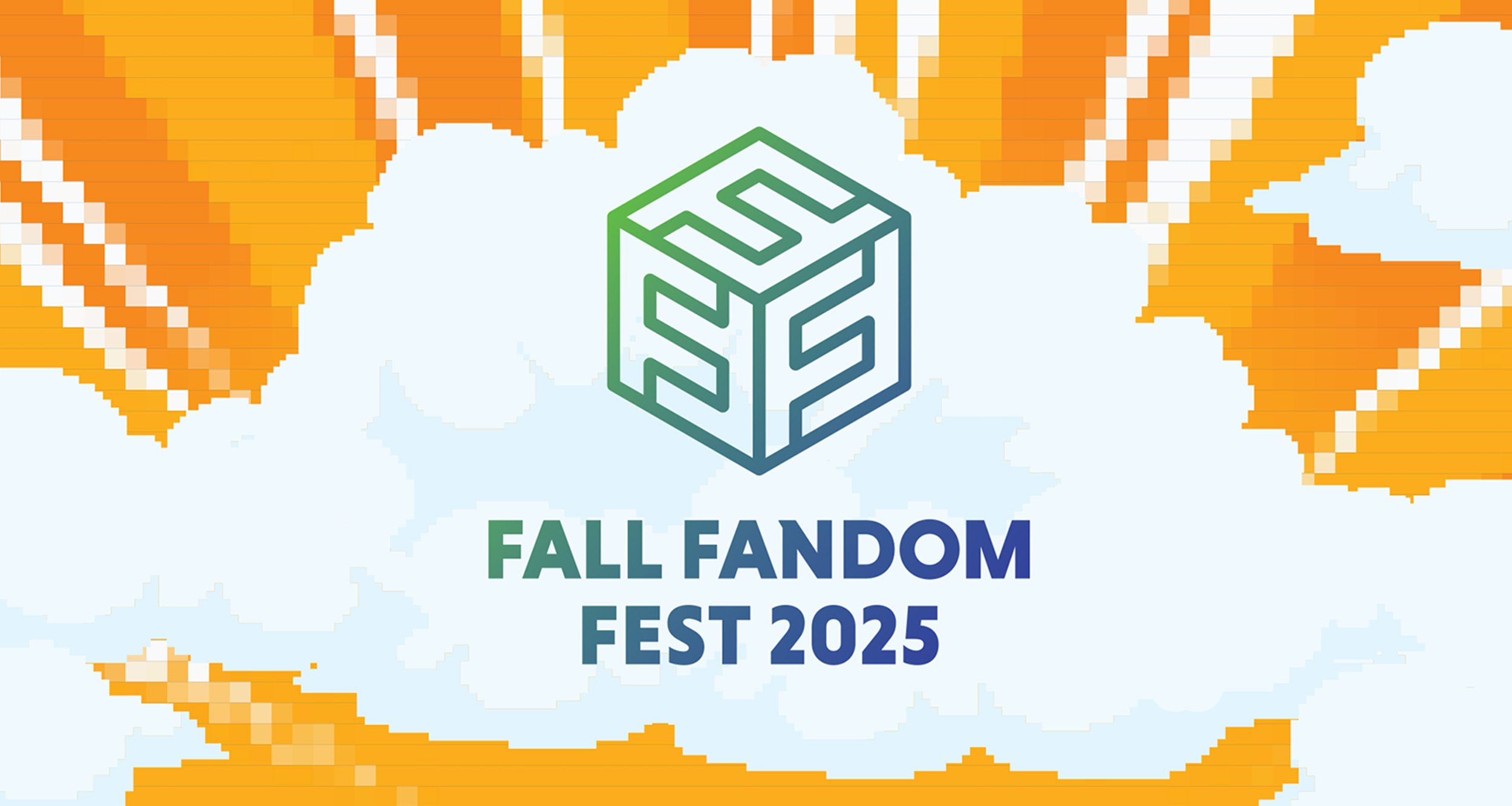 Fall Fandom Fest 2025 logo with pixel clouds in background