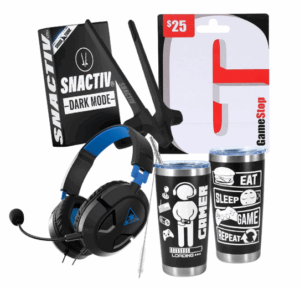 Collage of photos of items in the I Love Gaming bundle: Turtle Beach gaming headset, headphone stand/charging station, gamer tumbler, finger chopsticks, and a GameStop gift card