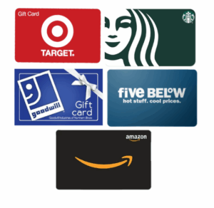 Photos of gift cards in the I Love Shopping bundle: Target, Starbucks, Goodwill, Five Below, and Amazon