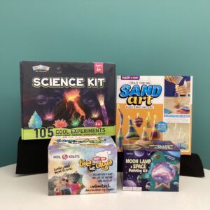 Prize bundle with Tie Dye Kit, Paint Your Own Moon Lamp, Create Your Own Sand Art, 105 Science Lab Experiments, and two Brookfield Zoo passes