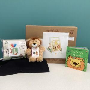 Prize bundle with Lion Warmie, baby activity push walker, "That's not my lion..." board book, tissue box sensory toy, and two Brookfield Zoo passes