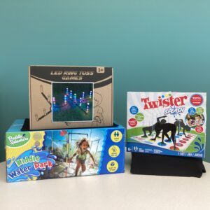 Prize bundle with kids water park sprinkler tunnel, LED ring toss game, Twister Splash, and two Brookfield Zoo passes
