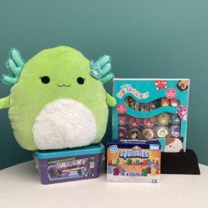 Prize bundle with Toy Galaxy Slime Kit, Elmer's Squishies, Squishmallows Slime, Mipsy Green Axolotl Squishmallow, and two Brookfield Zoo passes
