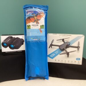 Prize bundle with a drone, dragon kite, binoculars, and two Brookfield Zoo passes