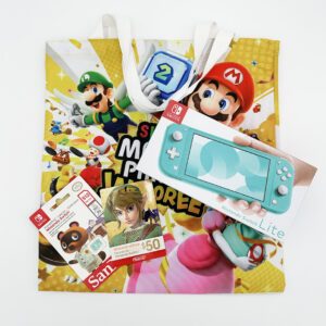 Photo of Nintendo Switch Lite Bundle: turquoise Nintendo Switch Lite, SanDisk 512GB microSD card, Nintendo eShop gift card, and a Super Mario Party Jamboree canvas tote bag