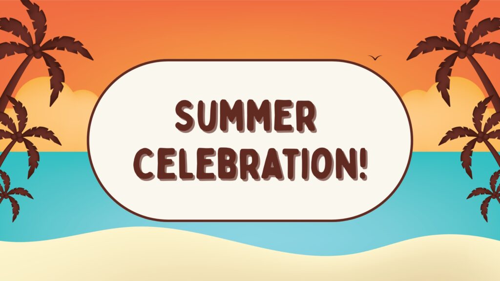 Text "Summer Celebration!" in the middle of an illustration: sunset sky on a tropical beach, with six palm tree silhouettes and sand on the bottom 