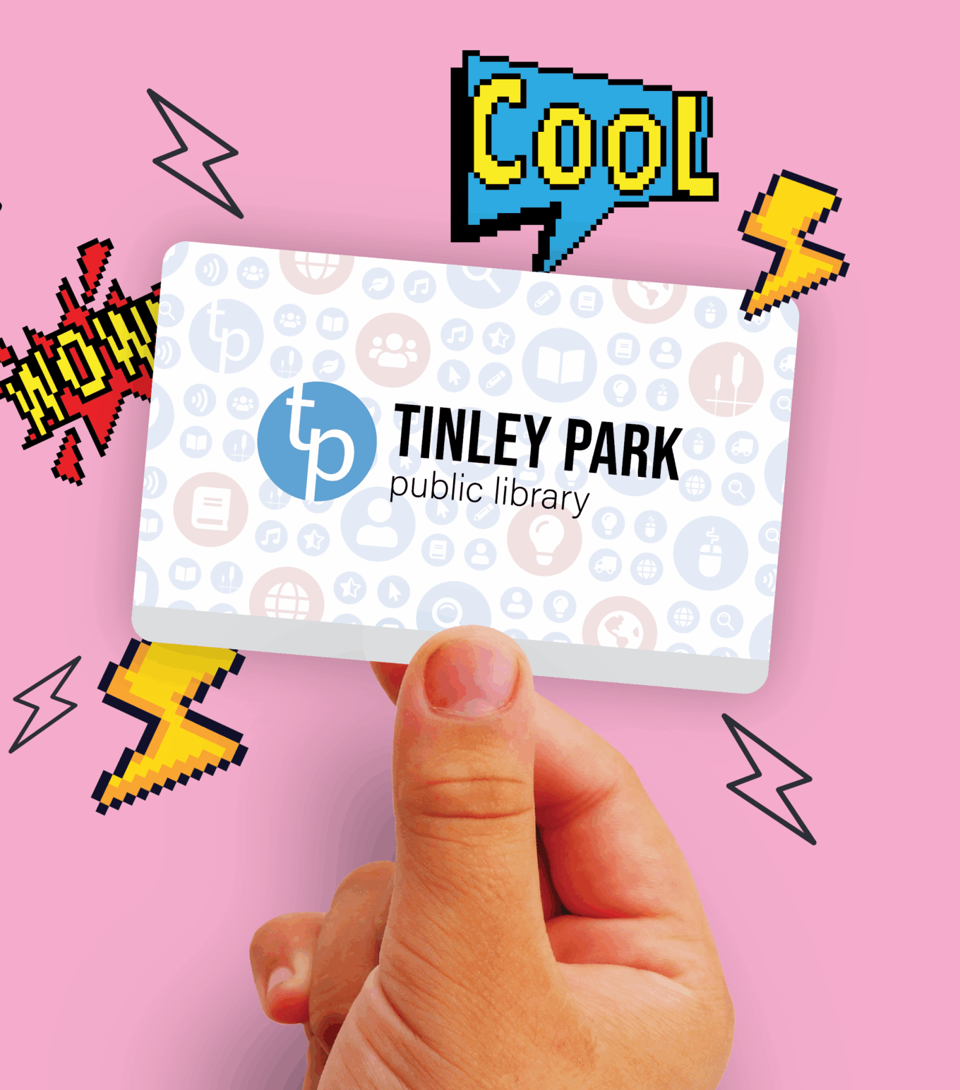 Person holding a library card with pixel comic book pop art around it
