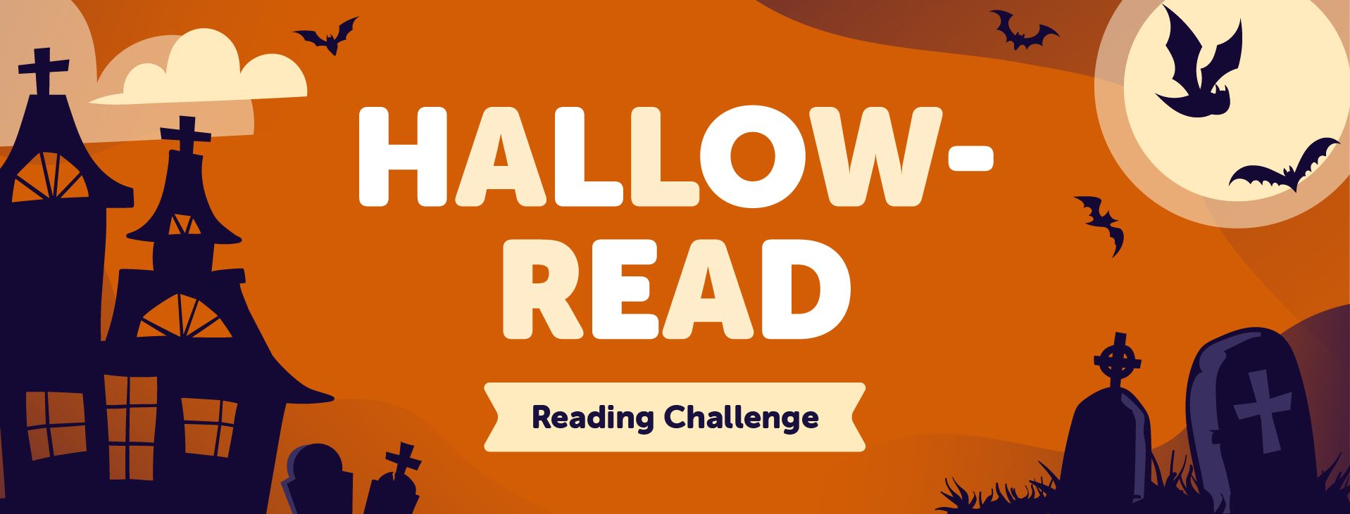 text that says Hallow-Read Reading Challenge on top of an orange background with illustrations of a cemetary and bats