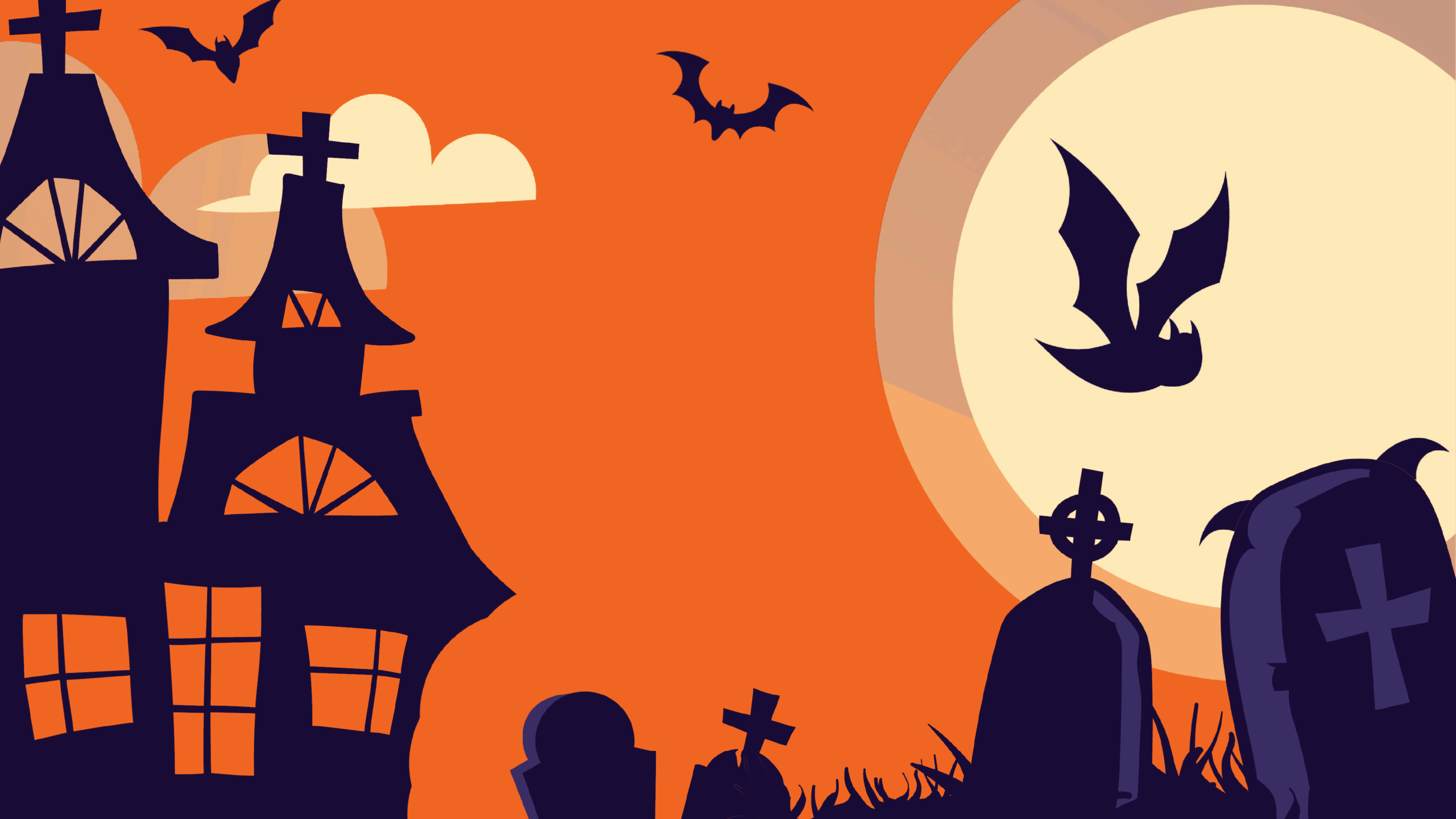 orange background with illustrations of a cemetary and bats