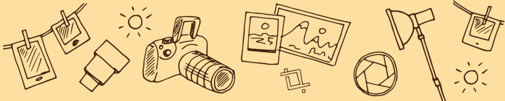 Rough line drawing of photography equipment and photographs