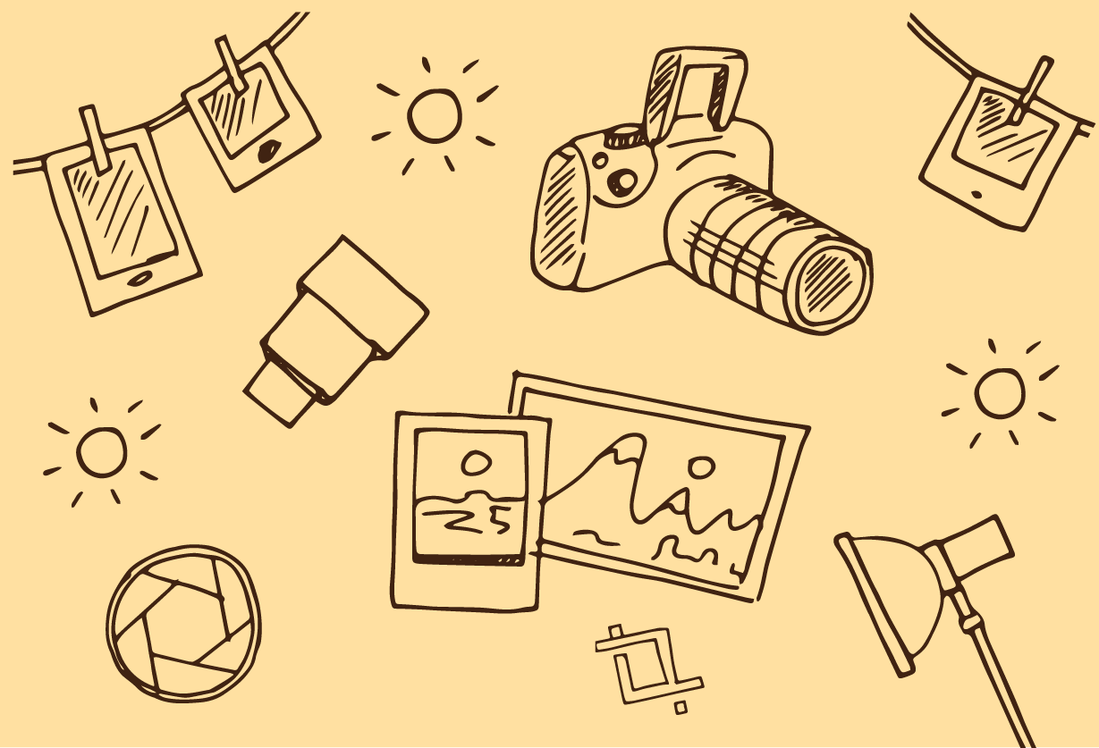 Rough line drawing of photography equipment and photographs