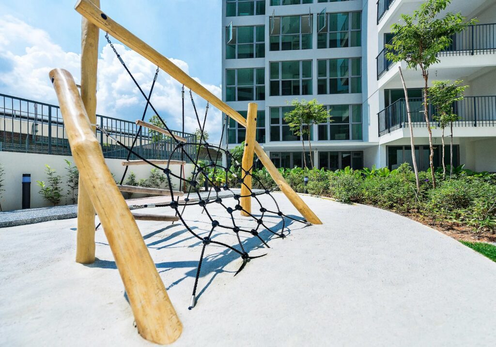 Product photograph of climbing net that is shaped like a spider web