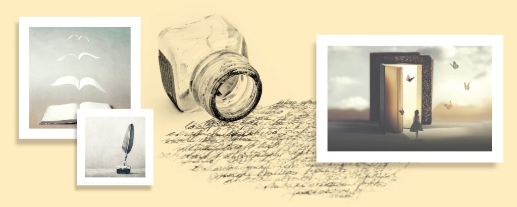 Abstract collage of imagery with the theme of writing and reading