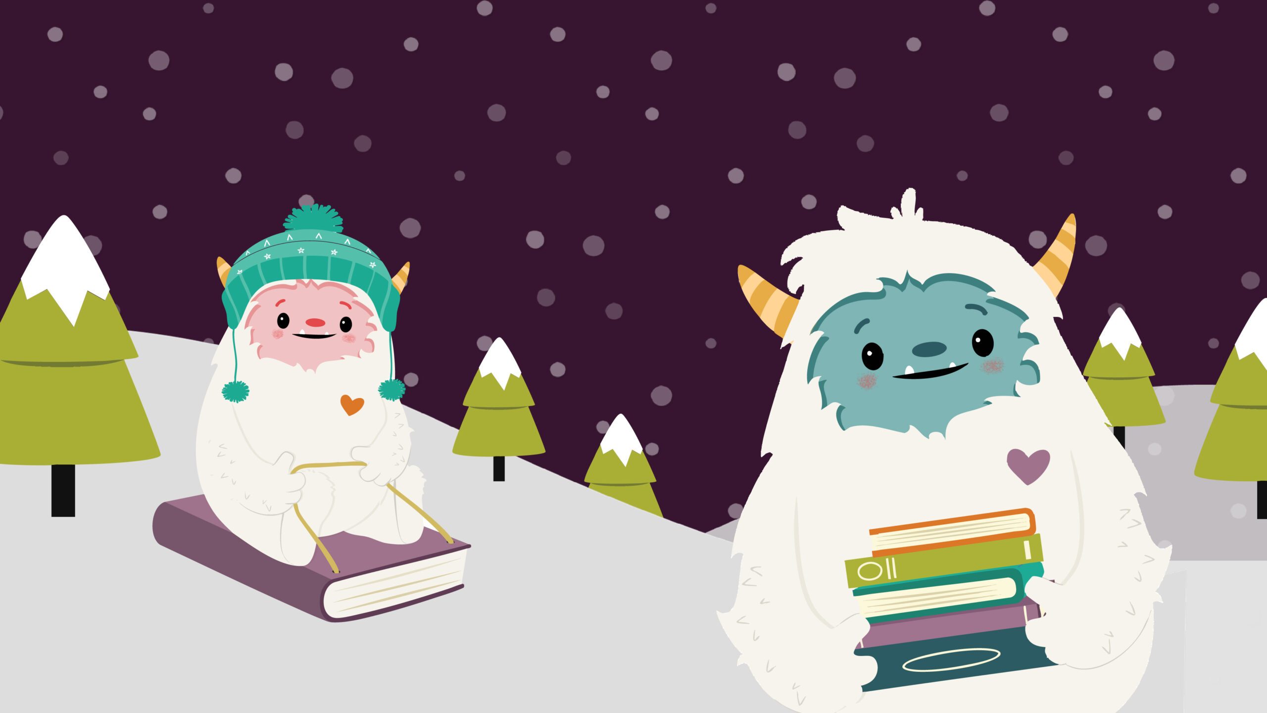 Cute illustration of two yetis with books against a snowy background