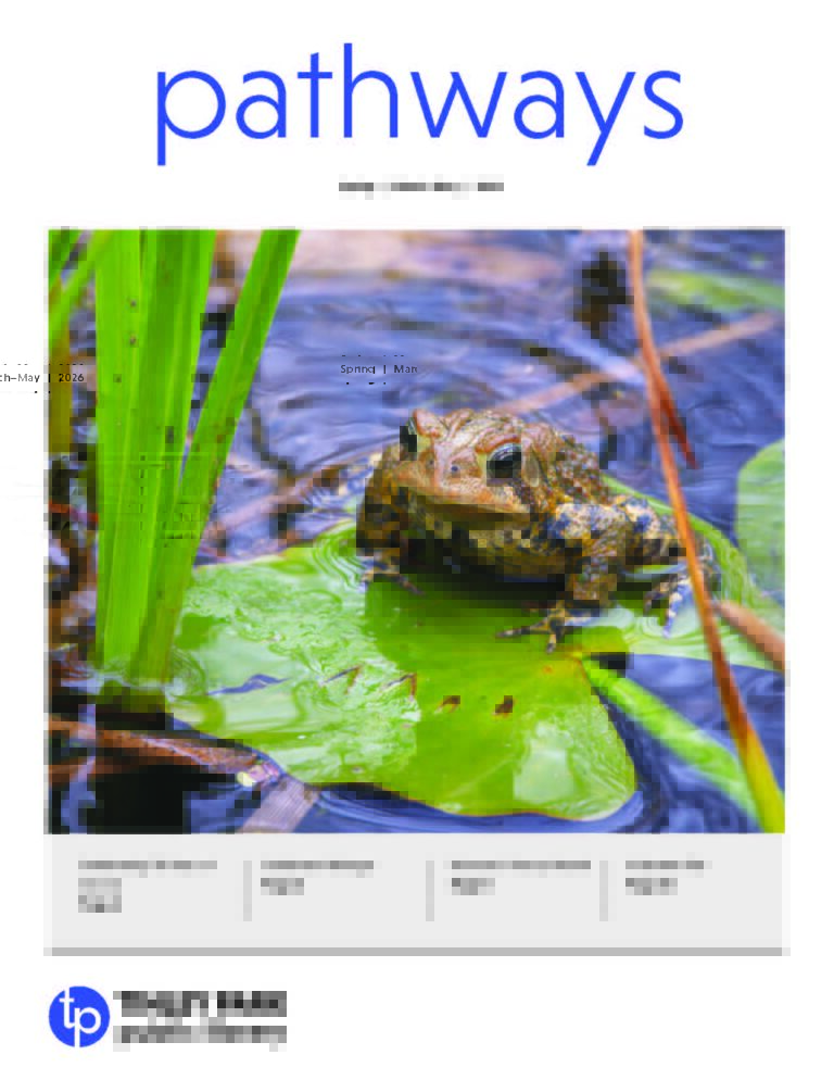 Pathways Spring 2026 newsletter cover, featuring a toad sitting on a leaf in a pond