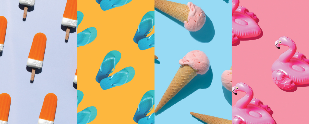 A collage of colorful photos with patterns of summery items including popsicles, sandals, ice cream cones, and flamingoes.