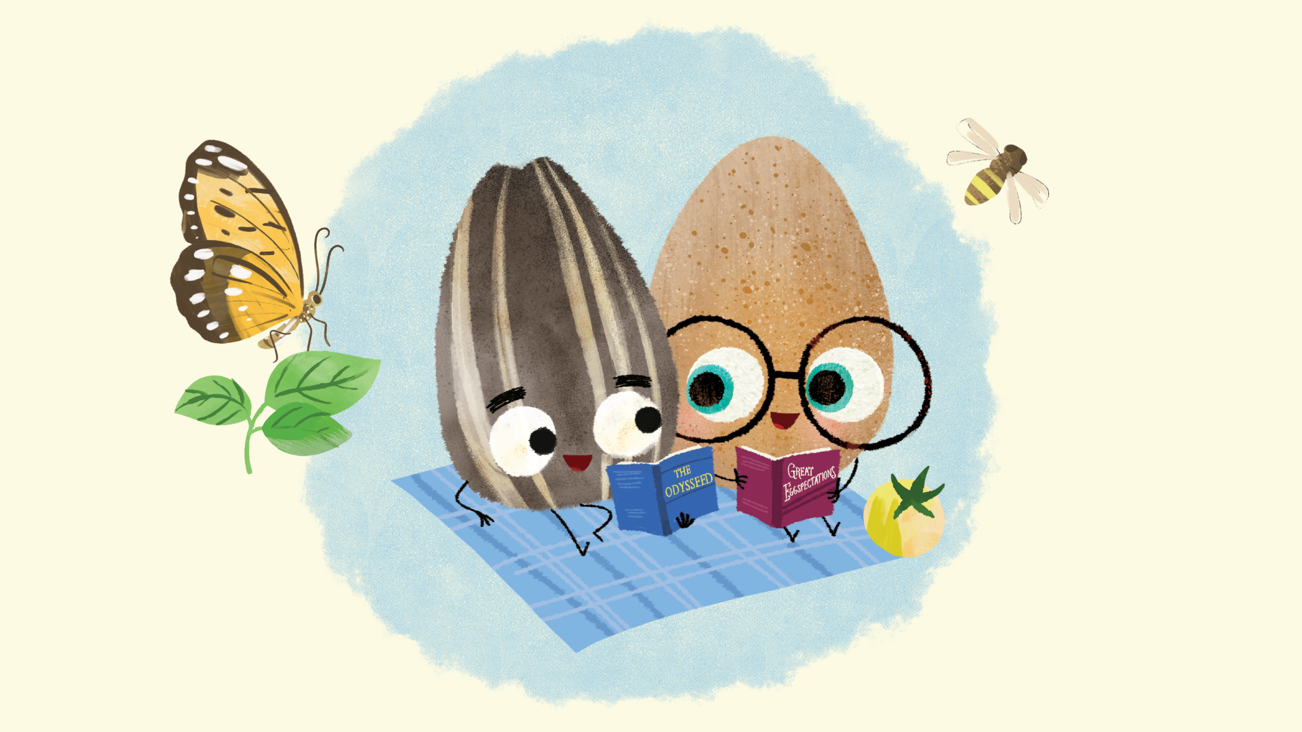 Cute illustration of a seed and an egg happily reading books on a blanket