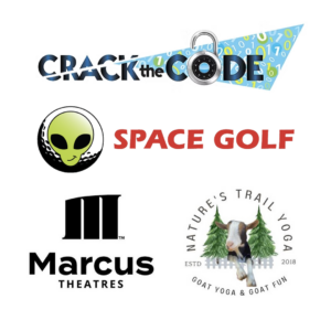 Local Fun Bundle: logos for Crack the Code Escape Rooms, Space Golf, Marcus Theatres, and Nature's Trail Yoga Goat Yoga.