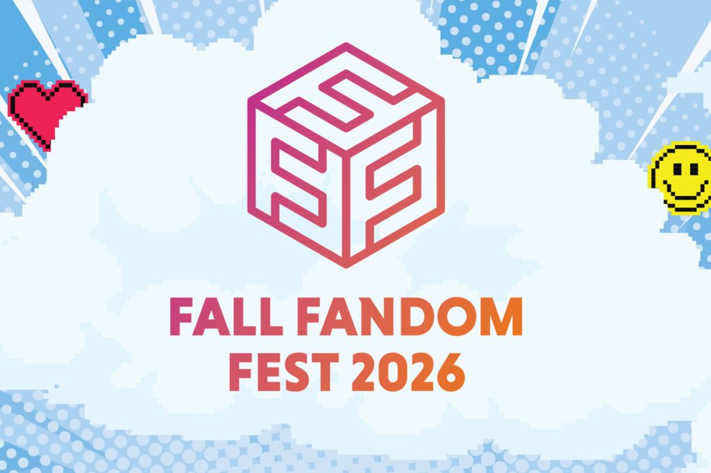 Fall Fandom Fest 2026 logo with pixel cloud, comic book background, pixel heart and pixel smilely face in background