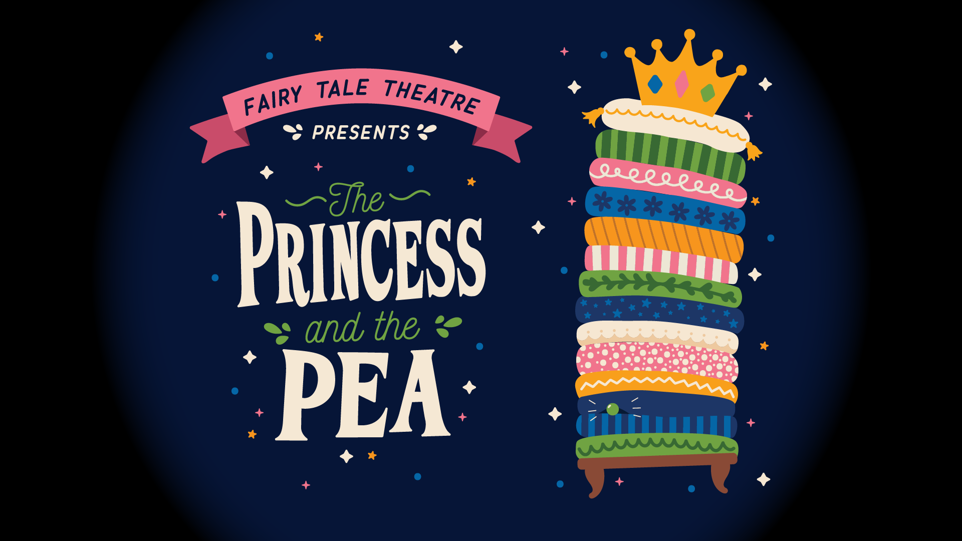 Fairy Tale Theatre 2026 production of The Princess and the Pea. There is an illustration of mattresses stacked atop a bed with a crown sitting ontop.