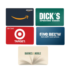 Gift Cards Prize Basket with gift cards to Amazon, Target, Dick's Sporting Goods, Barnes & Noble and Five Below.