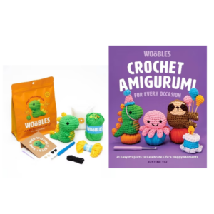 Crochet Prize Basket with a Fred the Dinosaur Woobles Kit and the Crochet Amigurumi for Every Occasion Official Woobles Book.