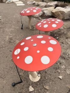 Musical garden with metal sculptures shaped like mushrooms