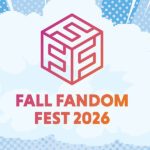Fall Fandom Fest 2026 logo with pixel cloud, comic book background, pixel heart and pixel smilely face in background